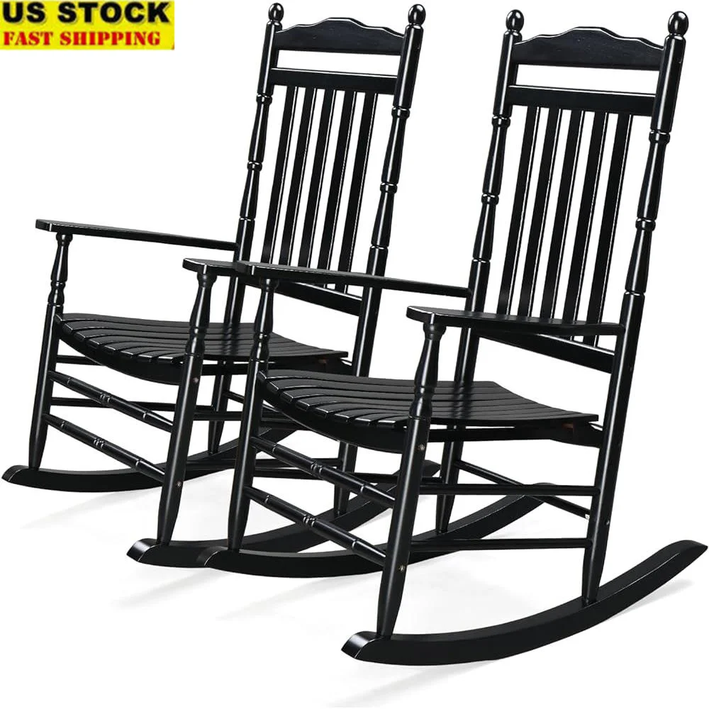 

Outdoor Wooden Rocking Chair Set of 2 High Back Support Rockers Comfortable Ergonomic Design Solid Wood Durable Patio Furniture