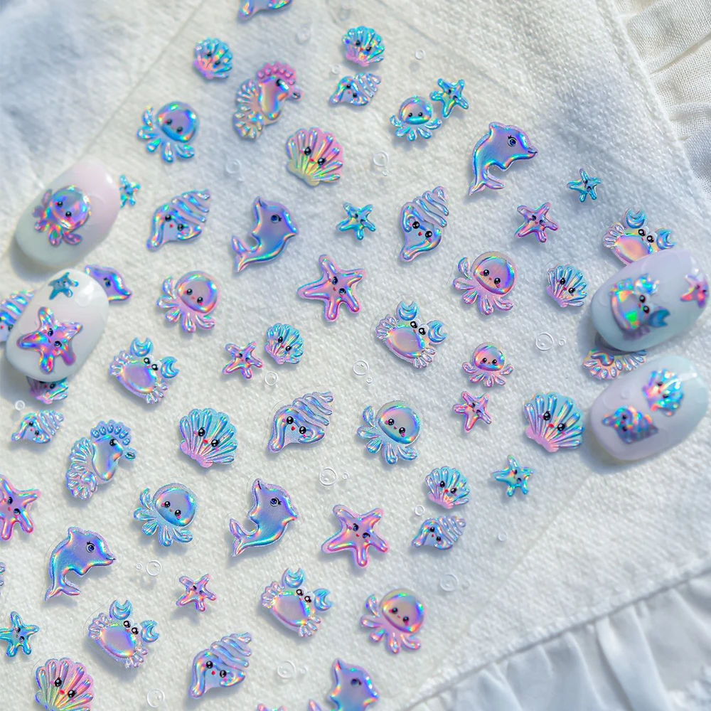 Bunter Oktopus Delphin Seestern Krabbe Muschel Seepferdchen Jakobsmuschel Ozean Gelee Cartoon Nail Art Aufkleber selbstklebender Maniküre Aufkleber