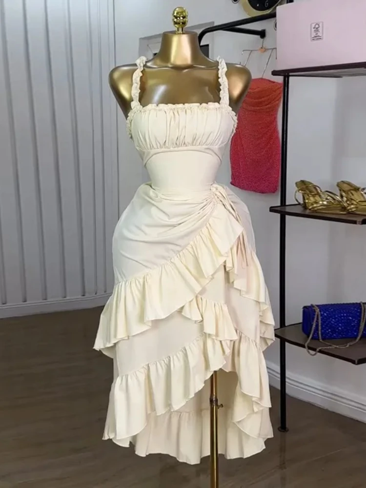 Women Strap Slash Neck Cascading Ruffles Drawstring Ruched Up Long Maxi Dress 2025 Birthday Evening Sexy Dresses Vestido