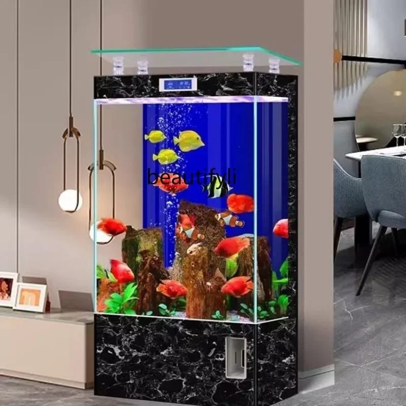 cqyUltra-white glass square fish tank, small living room against the wall, floor-to-ceiling back filtration, ecological water-fr