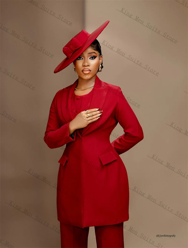 Red Women Suits Set 2 Piece Blazer+Pants Trousers Cotton Mother Guest Customized Office Lady Jacket Wedding Tuxedo Prom Coat