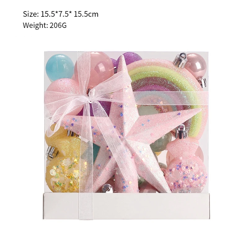ชุดลูกบอลตกแต่งต้นคริสต์มาสสีรุ้ง1ชุดลูกบอลแบบแขวนดาวแตก + ท็อปเปอร์ต้นคริสต์มาส