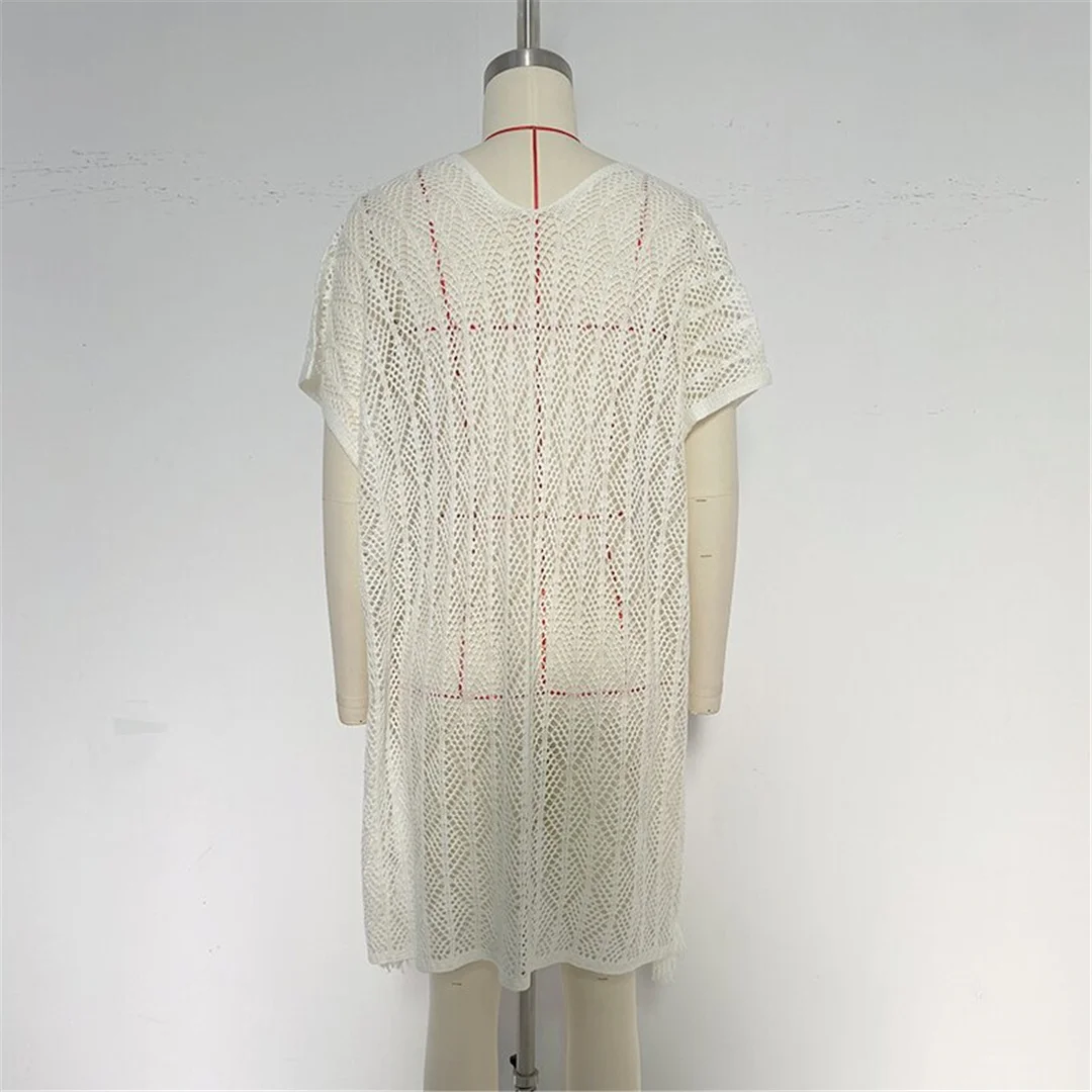Neues, kurzärmeliges, einfarbiges, gehäkeltes Strick-Tunika-Strandkleid mit V-Ausschnitt, Strandkleid, Strandmode, Damenmode, K8580 – Detail 8