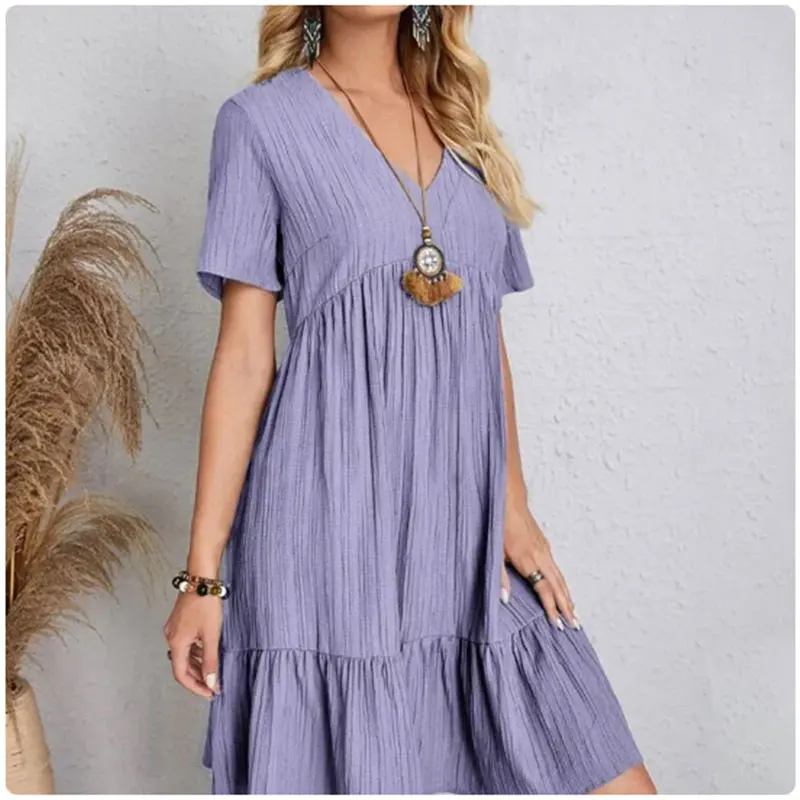 Vestido de verano para mujer con peplum, escote en V, manga corta, cintura suelta, volantes, corte evasé, para vacaciones 4