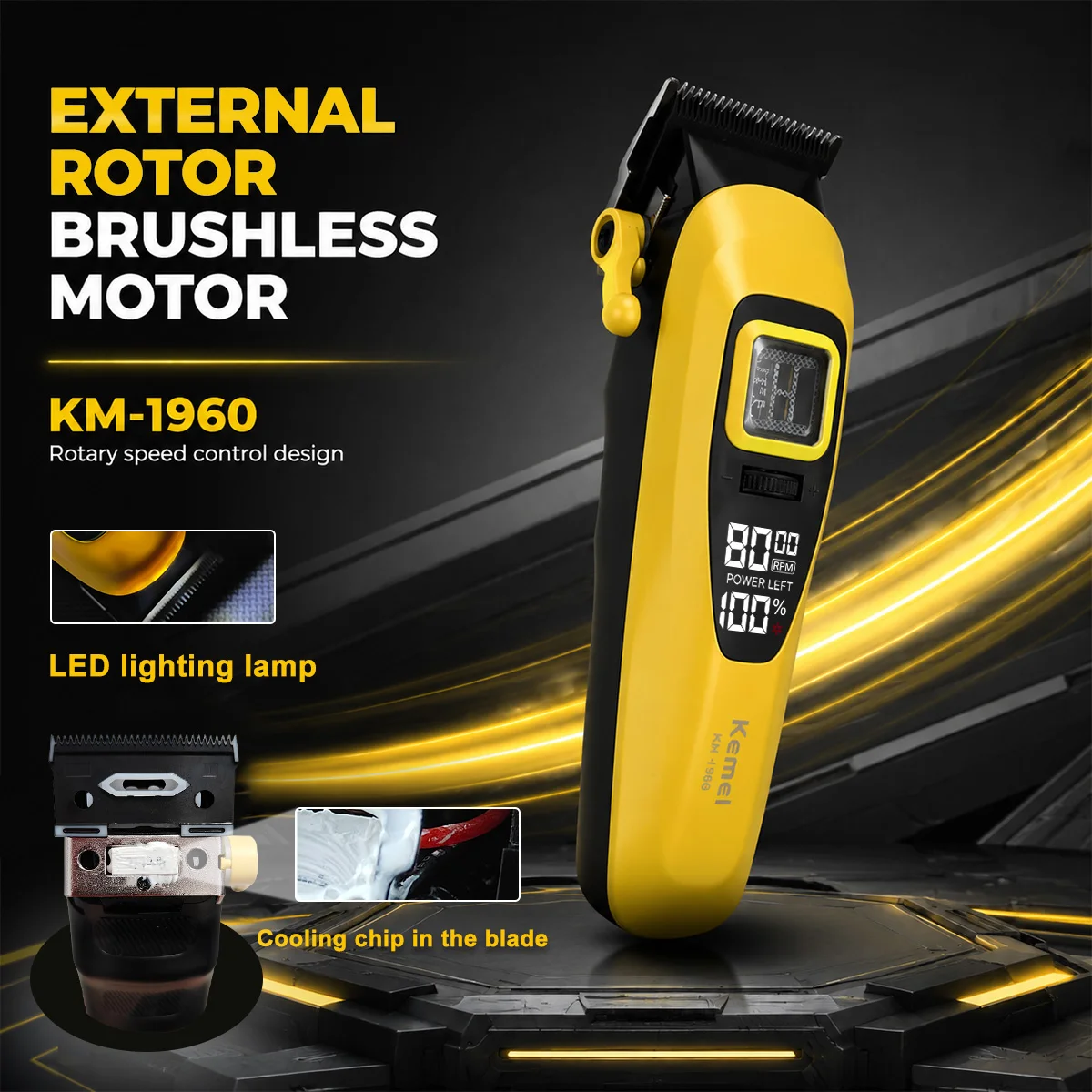 Kemei KM-1960 Clippers for Men External Rotor Brushless Motor 8000RPM LED Display Cordless DLC Blade Professional Hair Clipper