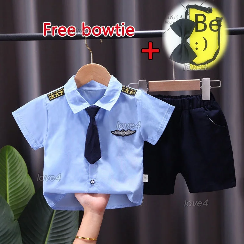 Infant Toddler Pilot Costume Shirt Shorts Navy Suit+tie Birthday Outfit Summer Baby Clothes Set 1-4Y Newborn Photo Shoot Outfit