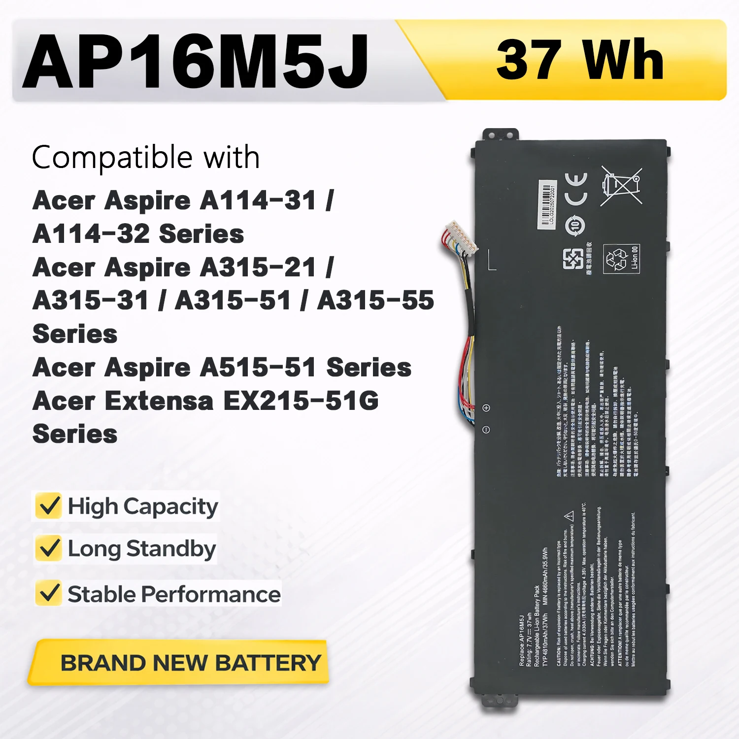 PowerHub AP16M5J 7.4V 37Wh 4810mAh Laptop Battery For Acer Aspire A315-21 A515-51 A114-31 A315-55 Extensa EX215-51G N17Q2 N18Q13