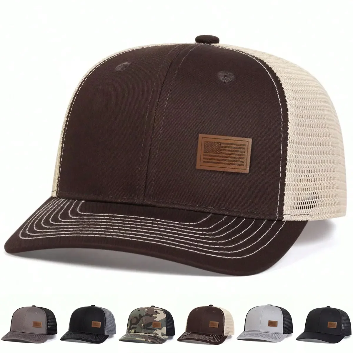 Unisex American Flag Leather Label Baseball Net Caps Spring Summer Outdoor Adjustable Casual Hats Dad Hat Sunscreen Hat