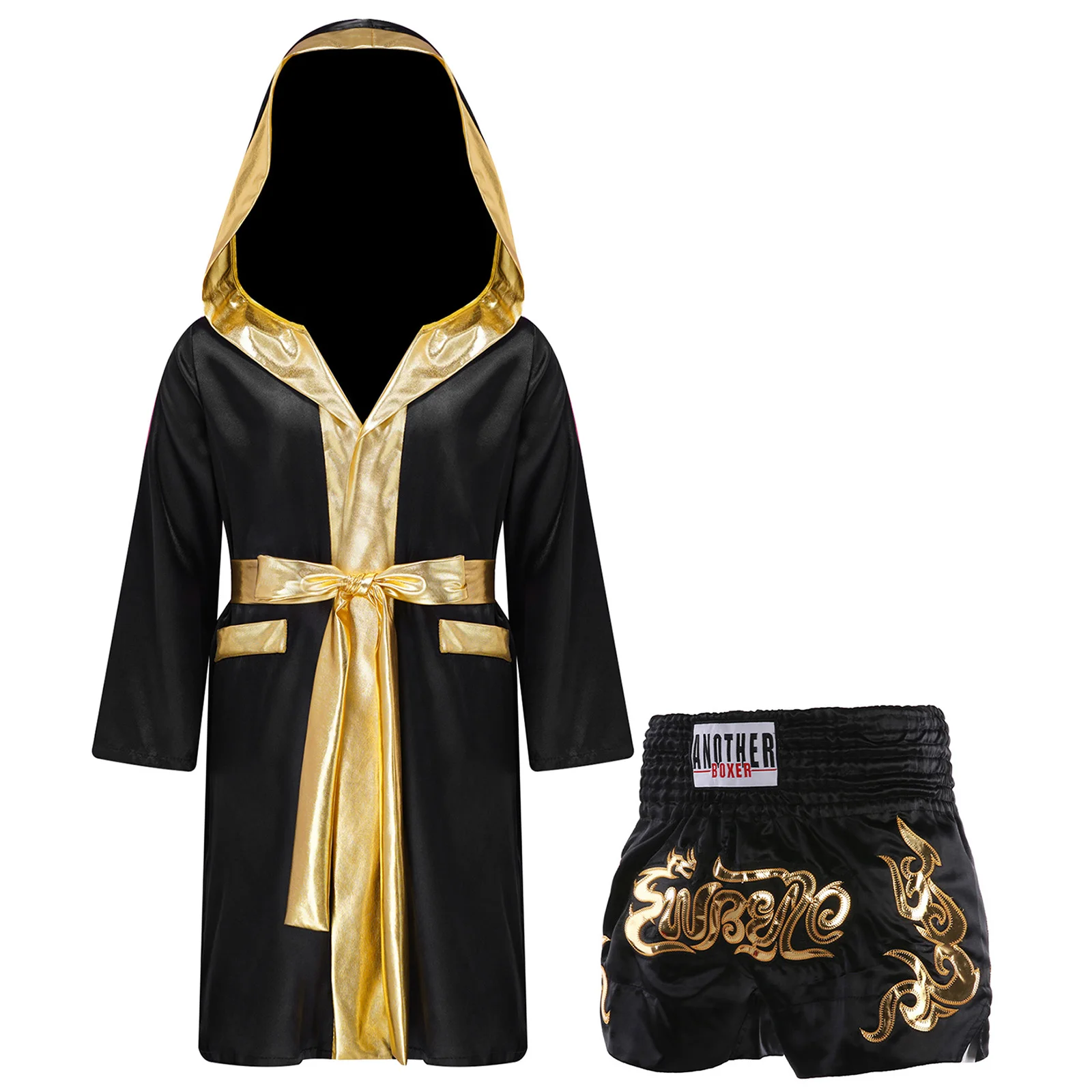Kids Boxing Robes for Boys Martial Arts Outfit Muay Thai Metallic Trim Satin Hooded Robe with Shorts Fight Grappling Costume image 5