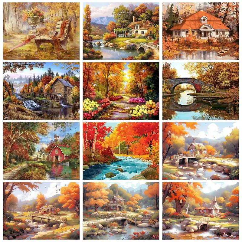 

RUOPOTY Frame Diy Painting By Numbers For Adult Autumn Countryside Landscape Paint On Canvas Home Decoration Canvas Painting