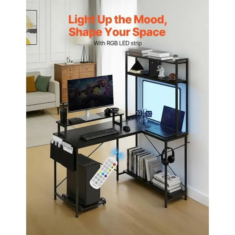 Bureau de gaming en L 120 cm, bureau d'angle pour ordinateur avec support d'écran, prises amovibles, support de CPU déplaçable, compartiment de rangement, capacité de charge 68 kg, idéal pour bureau à domicile, salle d'étude, chambre d'adolescent, solution d'angle avec rangement.