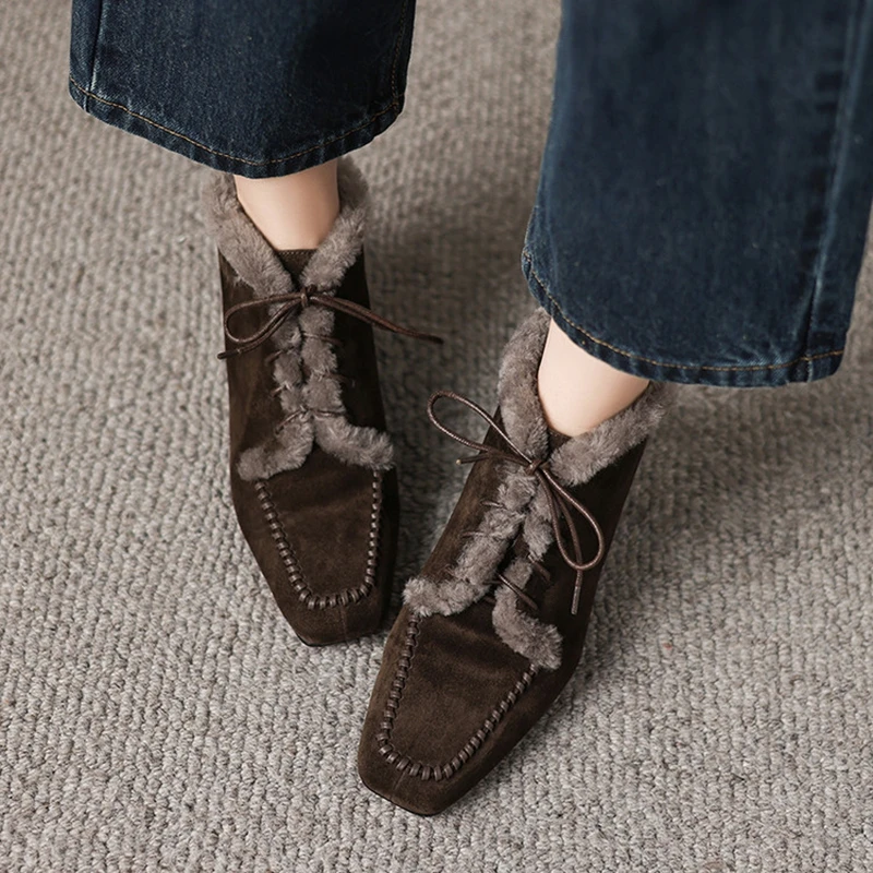 NEW Winter Women Boots Sheep Suede Leather Shoes Women Square Toe Chunky Heel Shoes Lace-up Ankle Boots Warm Wool Daily Shoes