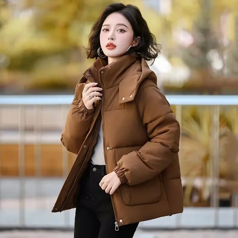 Jaket hoodie katun wanita, jaket katun berkerudung bantalan katun Korea hangat tebal parka roti pendek kasual untuk musim gugur dan musim dingin