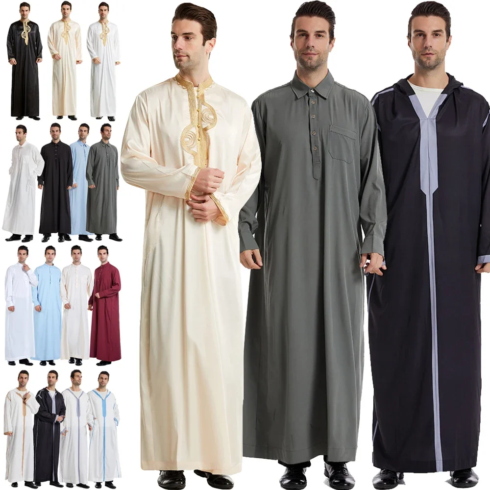 Uomini musulmani tradizionali Jubba Thobe Arabo Dubai Caftano Abaya Robe Islam Abbigliamento Abito lungo saudita Caftano Eid Ramadan Medio Oriente