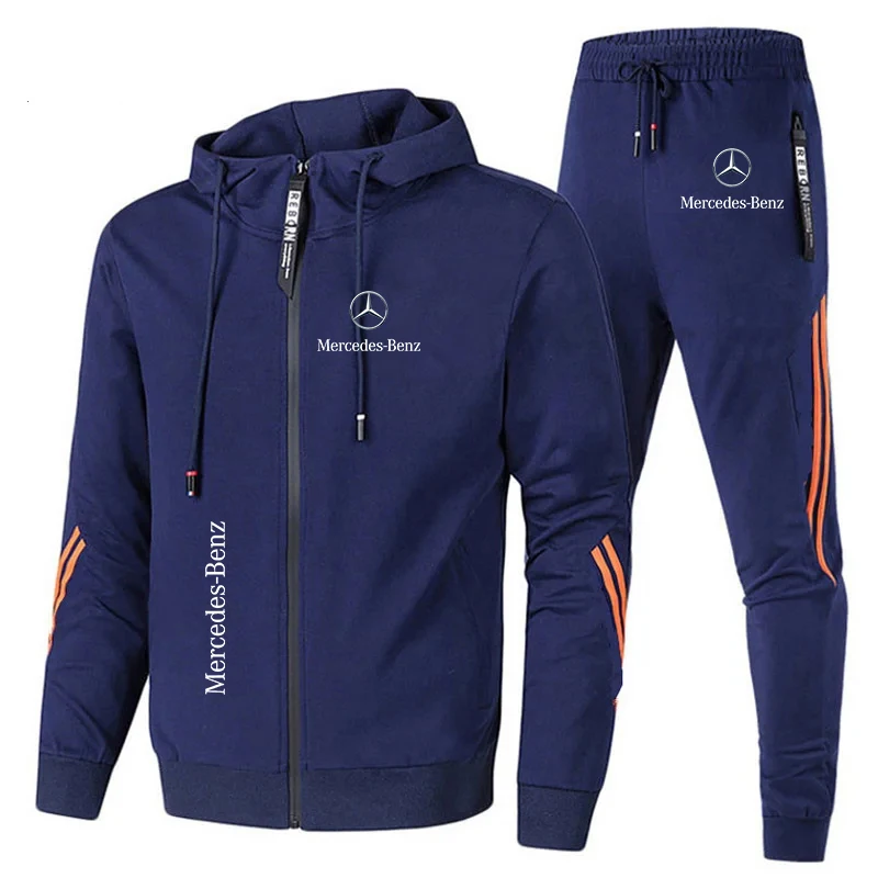 Trendy Men\'s Mercedes-Benz Tracksuit Sweat Suit Men Zip Hooded Sweatshirt+Pants 2 Piece Set Running Motorcycle Racing Sportswear