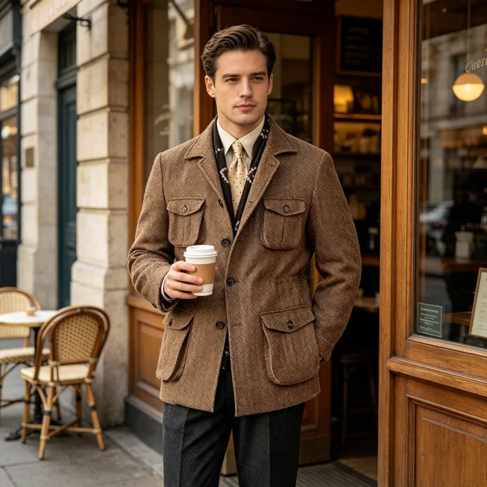 Men's Herringbone Tweed Safari Suit  Multi‑Pocket Lapel  Blazer Vintage Casual Business Outerwear  Men‘s Just One Jacket