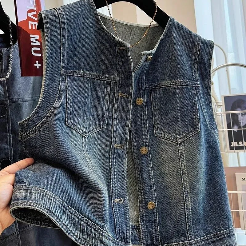 

Синий джинсовый жилет в стиле ретро, женский весенне-осенний корейский короткий пиджак без рукавов, летний повседневный джинсовый жилет с дикими пуговицами