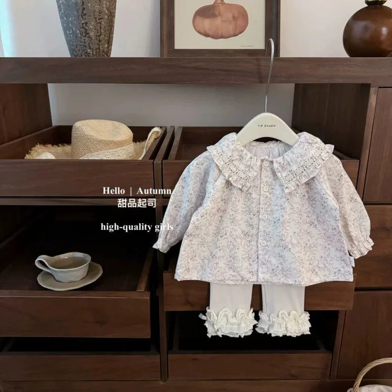 Spring and Autumn Girls' Set Children's Personality Sweet Lotus Leaf Collar, Floral Blouse, Lace Bottom Pants