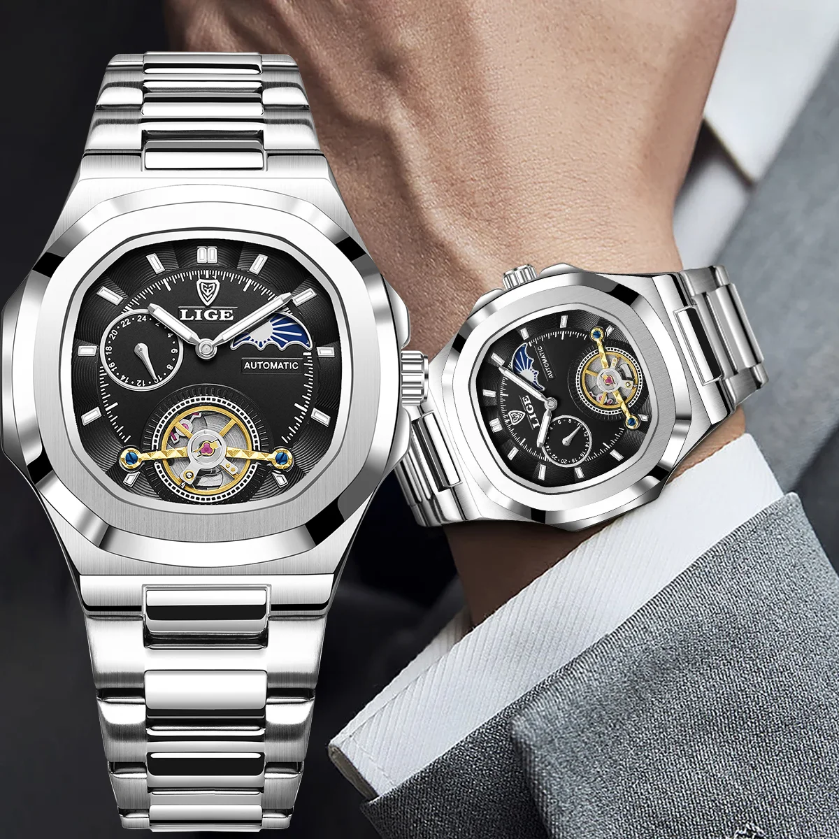 

Мужские часы LIGE, роскошные, деловые, водонепроницаемые, с люминесцентным покрытием, механические, модные, с фазами луны, автоматический механизм.