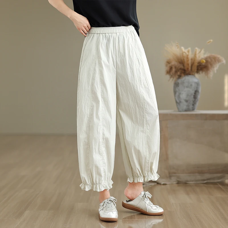 الصيف المرأة كشكش هيم مرونة الخصر Dstring فانوس زهرة السراويل واسعة الساق تسع نقاط بناطيل كاجوال فضفاضة تناسب رقيقة #2