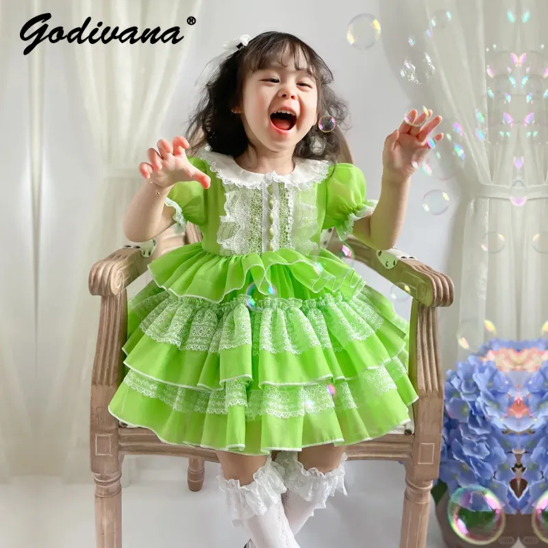 Sweet Baby Girls Lolita Princess Dress Kids Summer 2026 Fashion Doll Collar Puff Sleeve Lace Trim Birthday Party Layered Dress