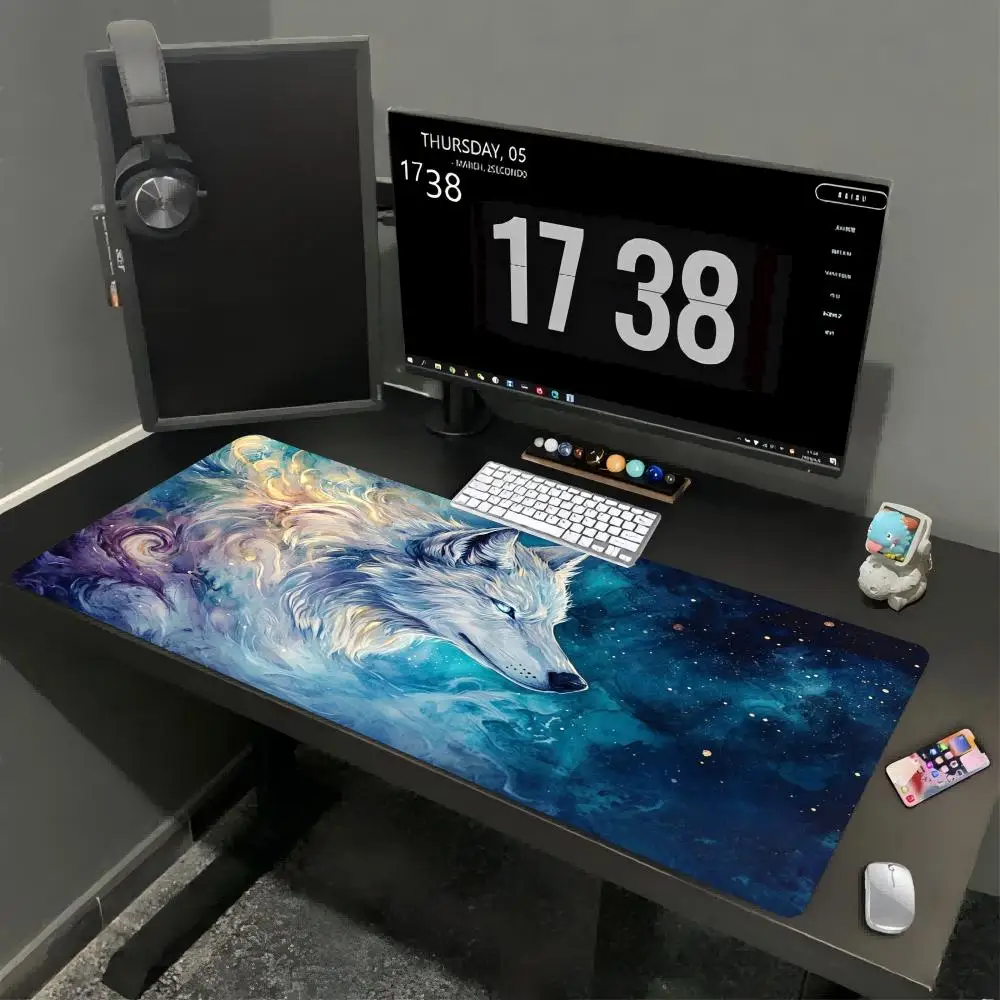 Mystic White Wolf XXL Gaming Mouse Pad Golden Ornament Starry Galaxy Fantasy Animal Desk Mat Non-Slip Rubber Keyboard Mouse Mats