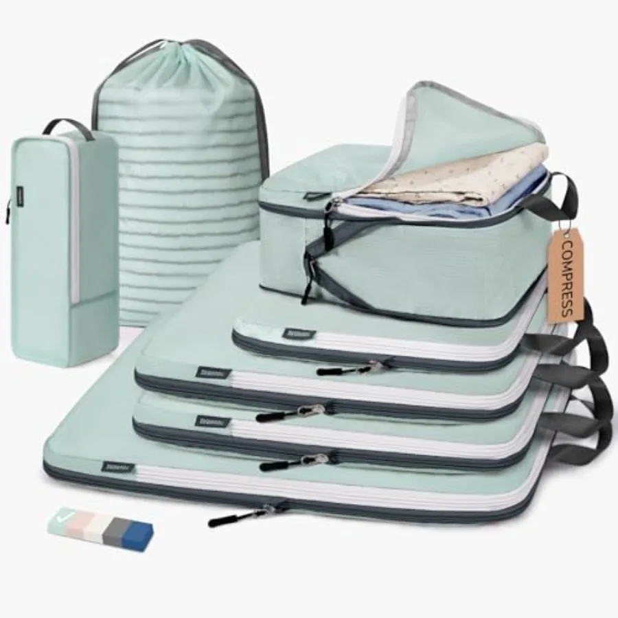 

Compression Packing Cubes 7 Set for Travel Luggage Organizer with Shoe Bag in Grey Blue Space-Saving Travel Essentials for Suit