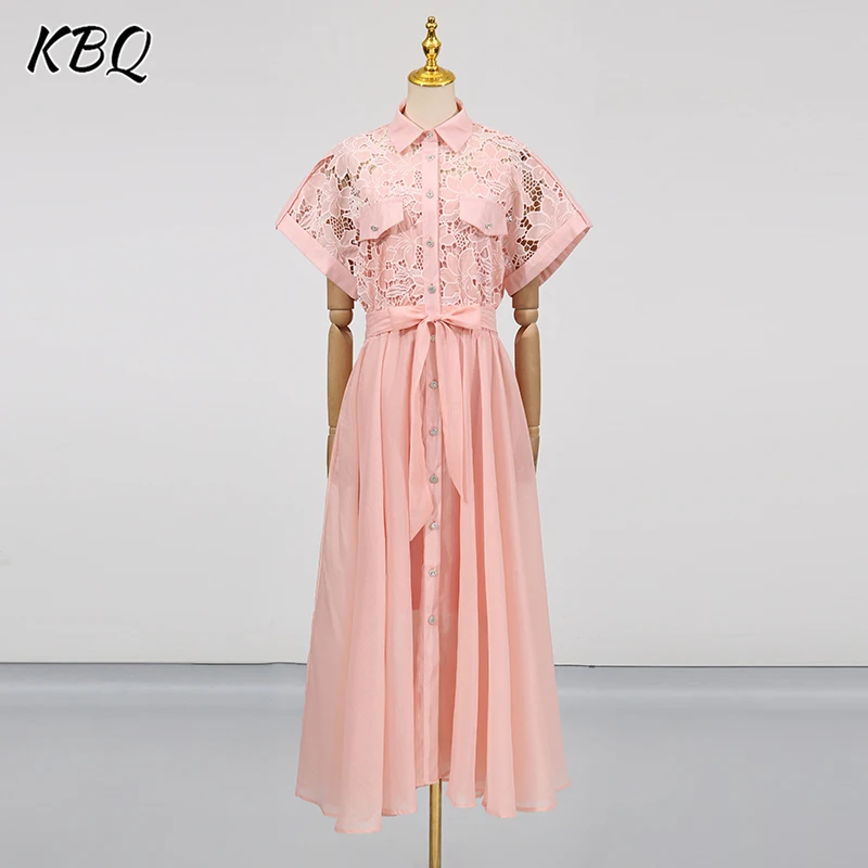 

KBQ Solid Spliced Hollow Out Spliced Lace Up Dress for Women Lapel Short Sleeve High Waist Chic Solid Dresses Female Summer New