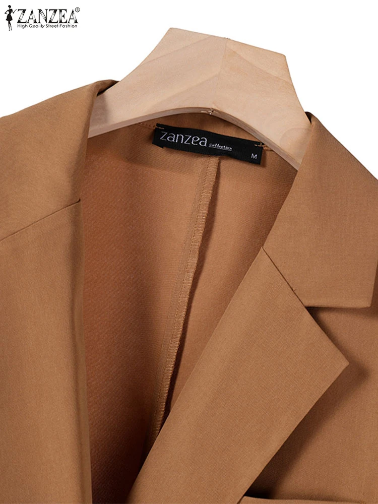 سترة ZANZEA لخريف 2025 خفيفة الوزن للنساء أنيقة OL مع طية صدر مدببة وأكمام طويلة مزدوجة الصدر بلون واحد سترات بدلة