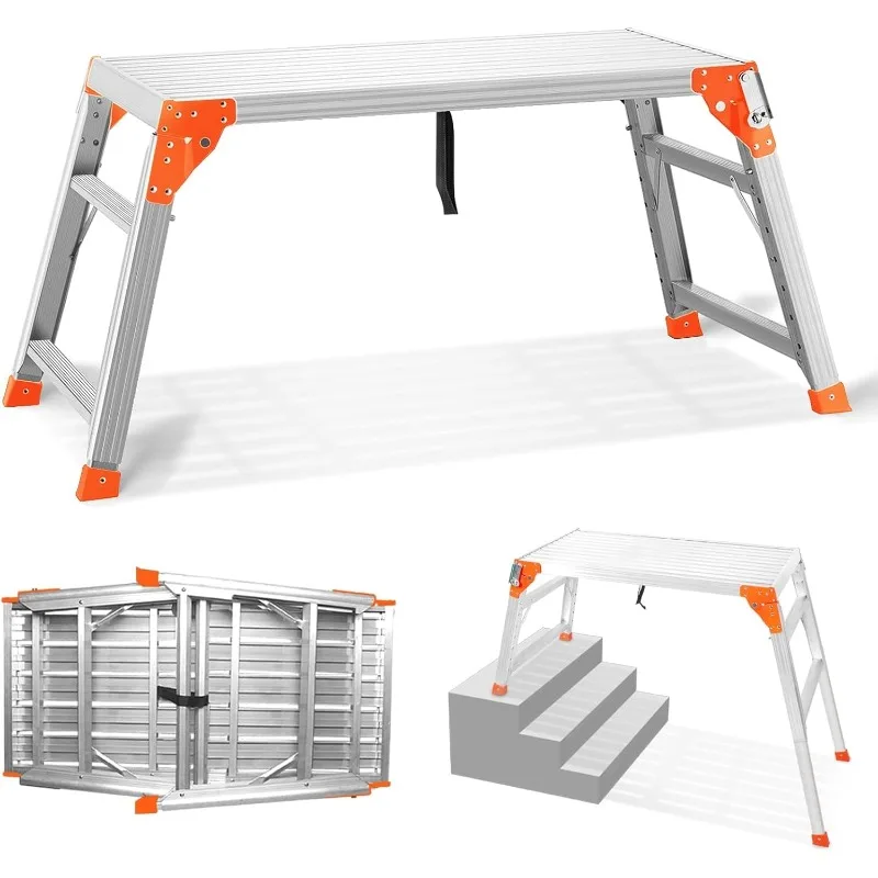 Multifunctional & Adjustable Work Platform with 330 Lbs Capacity, 24 To 35 Inches Step Ladder, Aluminum Folding Scaffolding