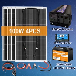 2000W Solar Panel Power Generator System For Home Kit 220V Inverter 30A Controller Battery USB Charger 12v 100Ah Lifepo4 Battery