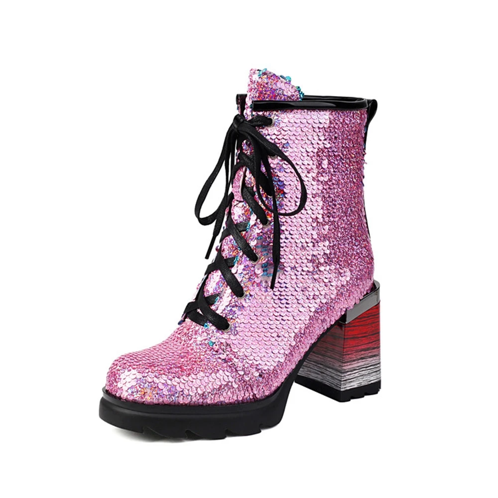Women Sequin Lace Up Combat Ankle Boots Fleece Lined Chunky Block Heel Platform Party Short Boots EU 35-44 5869