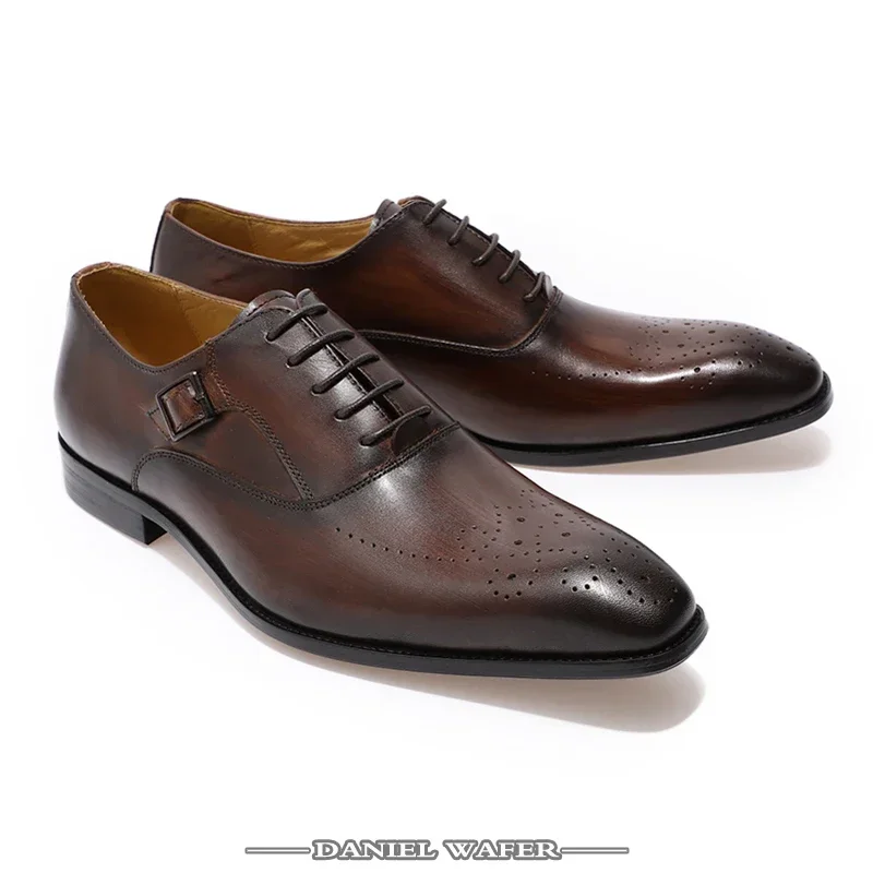 Classic Men\'s Genuine Leather Oxford Shoes Buckle Lace-Up Office Dress Wedding Brogue Pointed Toe Business Formal Shoes