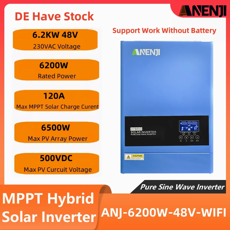 Hybrid Solar Inverter 6.2KW 48V 120A MPPT 230V 500VDC Solar Power Pure Sine Wave Charge Controller Work Without Battery Inverter