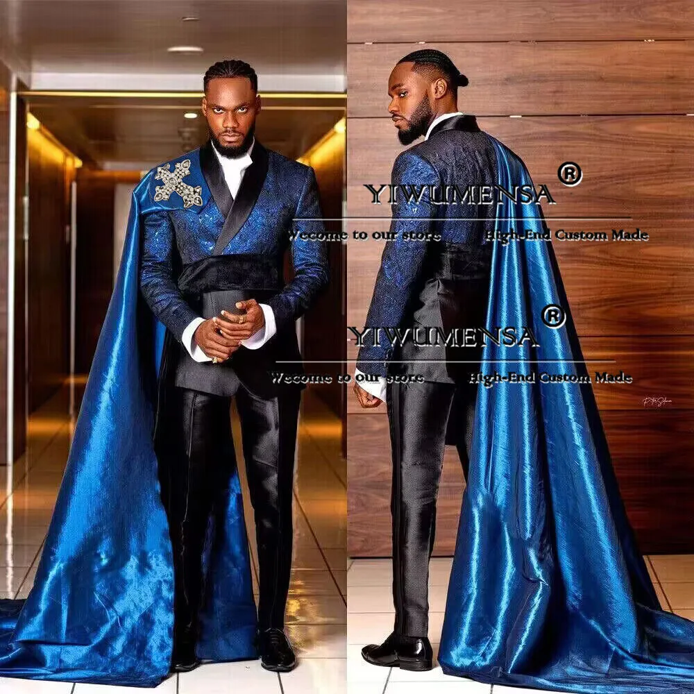 Royal Blue Man Wedding Tuxedo Prom Graduation Party Jacquard Blazer With Removable Cape Pants 3 Pieces Cosplay Suits Men Skinny