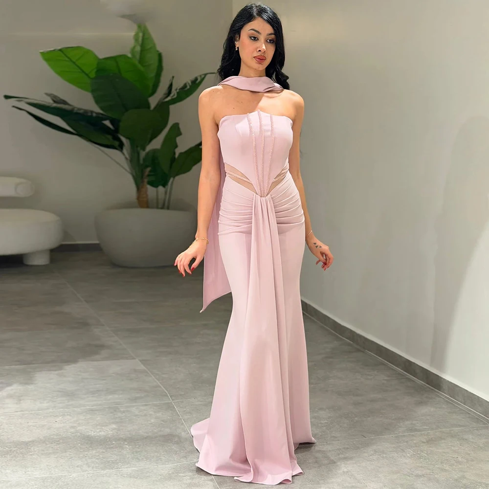 

Elegant Light Pink Mermaid Formal Evening Dress Customized Strapless Jersey Ribbons Sleeveless Pleats Beading Celebrity Gowns