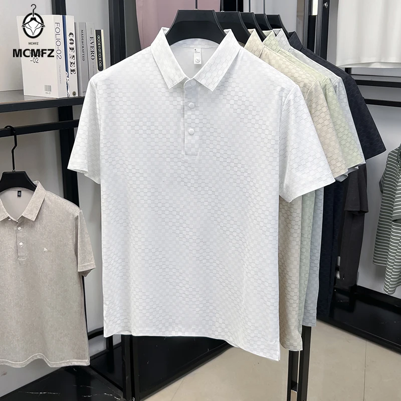 Office Casual Short Sleeve Polo T Shirt for Men Micro Square Allover Print Lapel Wrinkle Free Lightweight Commute Daily Wear