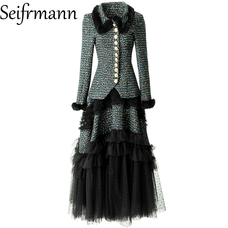 Seifrmann 2026 Spring Women's New Fashion lapel Long Sleeve Single breasted Top+Mesh Half Skirt Two Piece Set