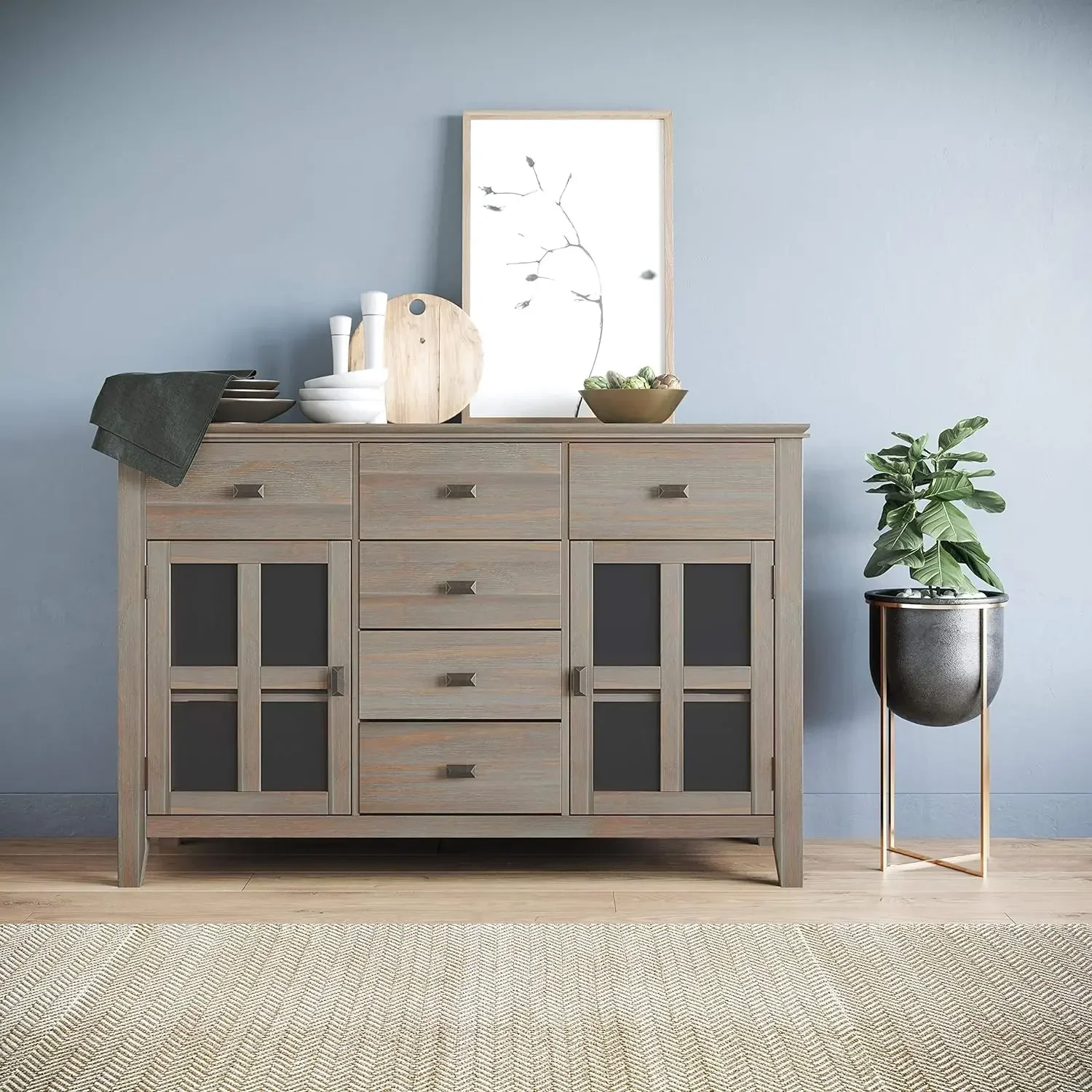 54 inch Transitional Sideboard Buffet in Distressed Grey features 2 Doors,6 Drawers and 2 Cabinets with Large storage spaces