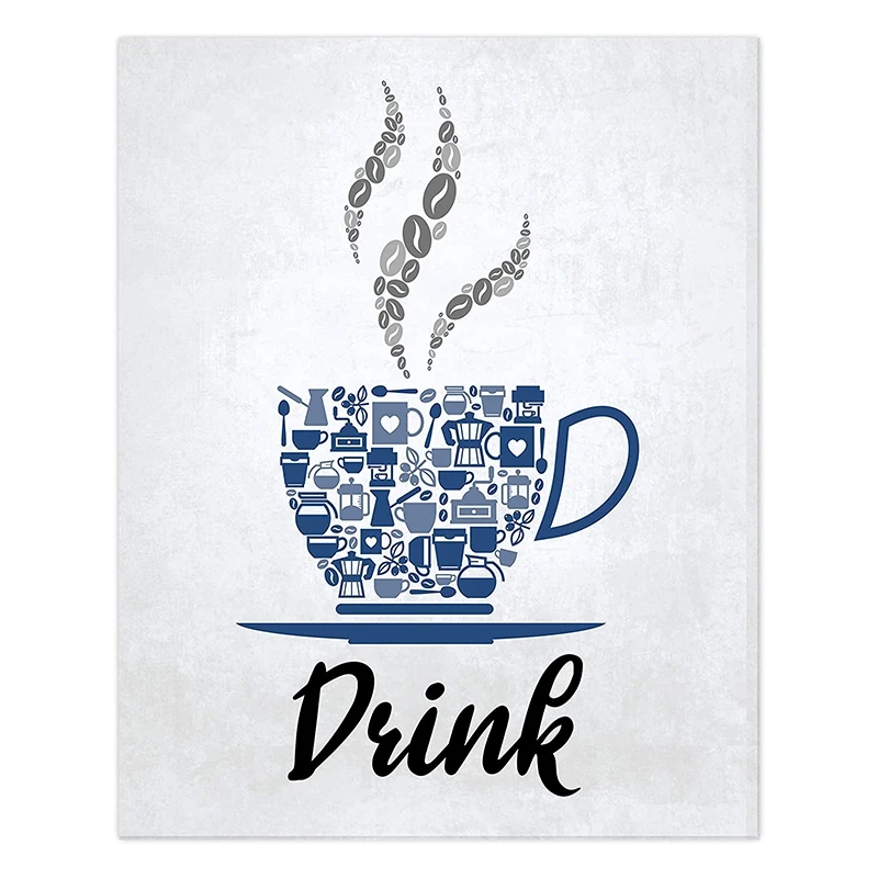 Blue Navy Cobalt Grey White Vintage Inspirational Kitchen Restaurant Cafe Bar Wall Art Decorations Eat Drink Love Wine