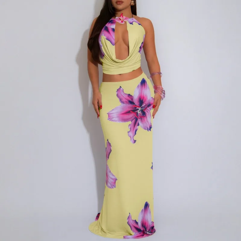 KEXU Floral Printed Street Women's Set U-Neck Crop Tops and Bodycon Long Skirts Suit Summer Birthday Holiday Two 2 Piece Set