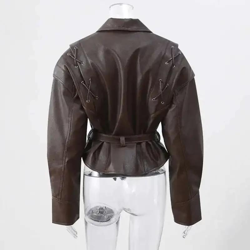 Winter New Items Fashion Retro Versatile Faux Leather Belt Short Jackets V-neck Lace-up Coats Female Trendy