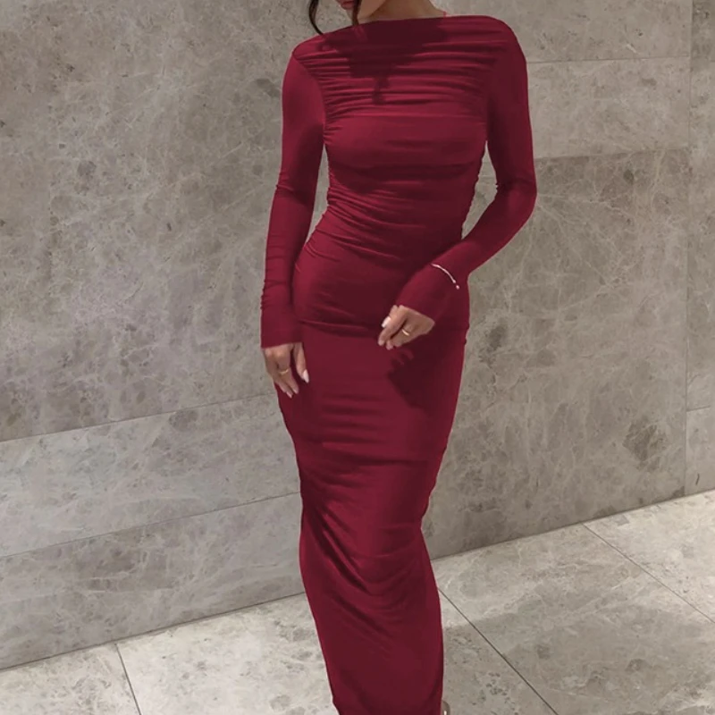 

Women's Clothing 2025 Spring and Summer New Fashion Sexy Backless Pleated Slim Long-sleeved Dress Women Y2k Vestido