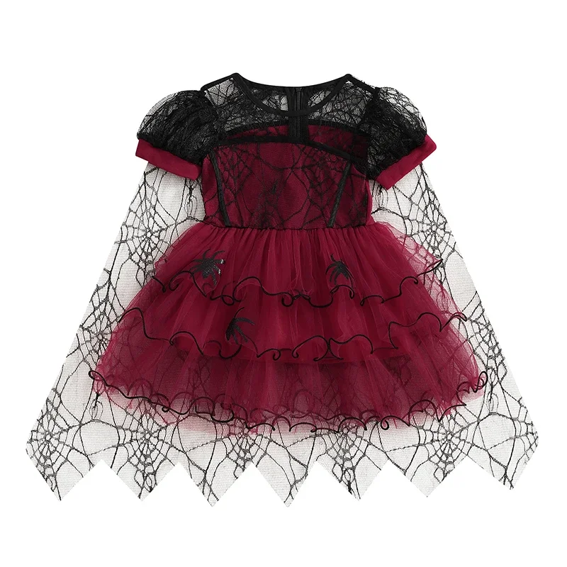 Little Girl Halloween Dress Gothic Style Spider Web Print Round Neck Short Sleeve Layered Ruffle Tulle Dress for Party Stage