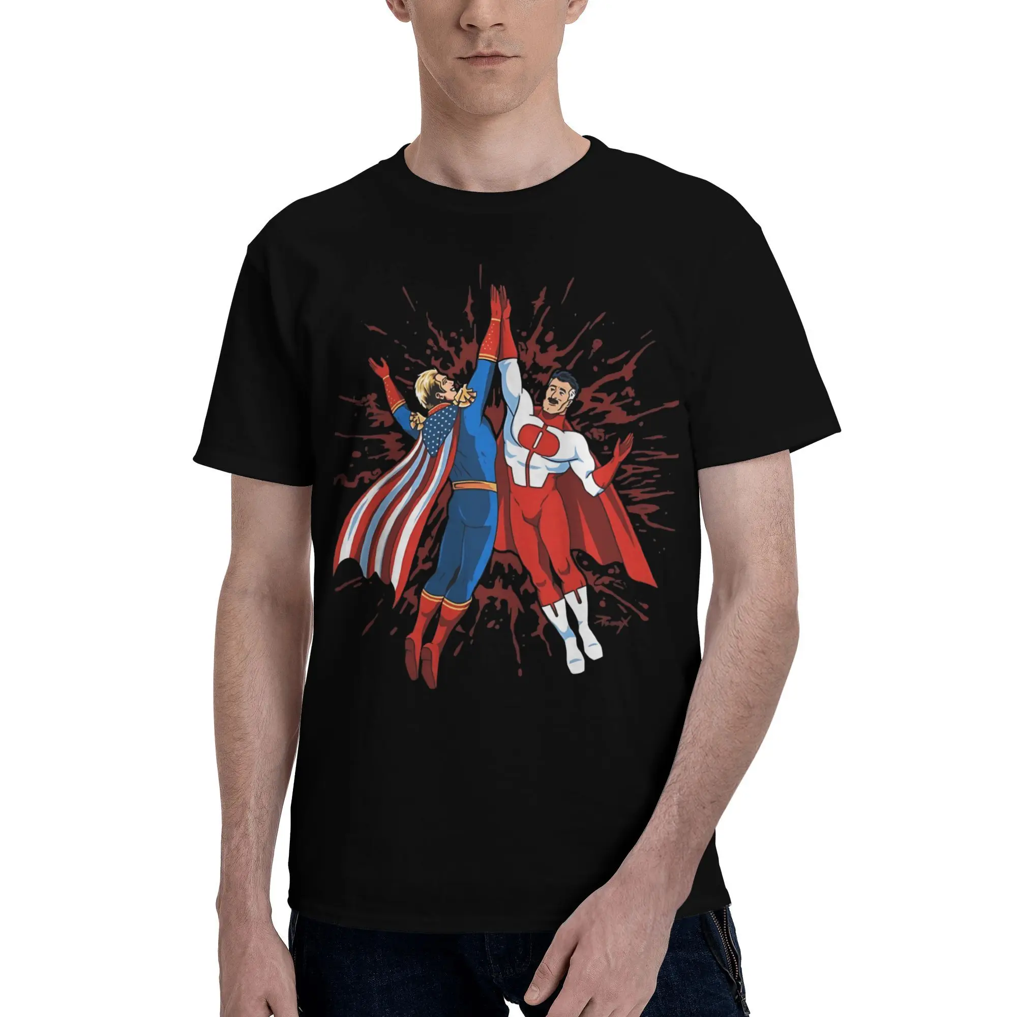 Nuevo 2025 yaer Dos superhéroes en disfraces patrióticos High Fiving, con un fondo rojo espectacular contra salpicaduras