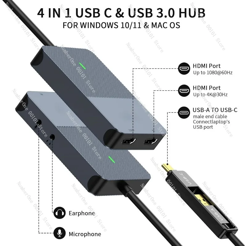 USB3.0 Docking Station with Dual Screen 4K60Hz, High-Definition Displaylink for Computer and Mobile Phones, Multi-Device Screen