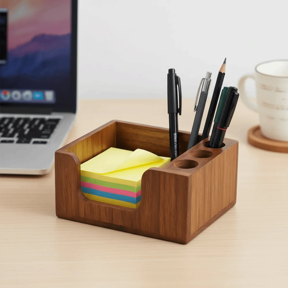 Nordic Style Wooden Desk Organizer 3 Pen Slots Non-slip Pen Holder Polished Surface Rectangular Sticky Note Stand Stationery