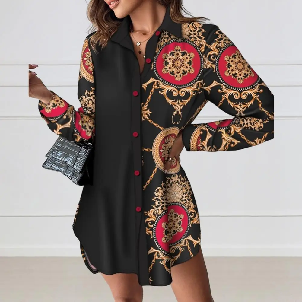 Spring Dress Printed Asymmetric Hem Women's Mini Dress with Single-breasted Turn-down Collar Long Sleeve Buttons Patchwork Soft