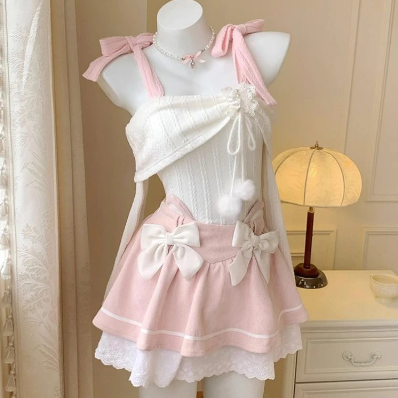 

Y2k Kawaii Короткое платье с длинным рукавом из 2 предметов, кружевное женское повседневное мини-платье с милыми бантами и разрезом на шее, винтажное элегантное платье, осень 2025 г.