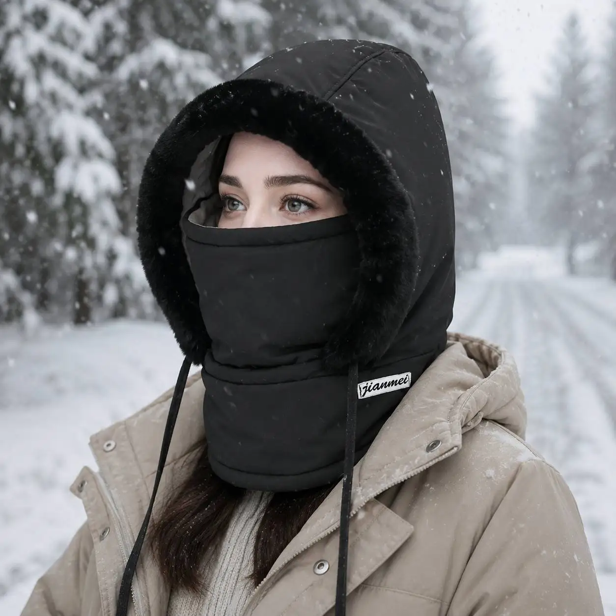 1 piece of women's winter thick hooded integrated scarf design plush decorative hat outdoor casual trendy hat